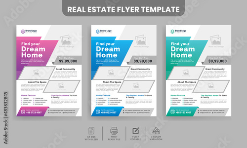 Creative real estate flyer design template | Home sale advertising flyer template in three color variation