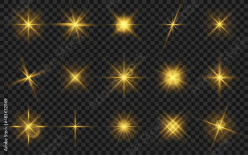 Glowing star light effect collection. Light effect of sparkling stars and bright flashes. Golden sparkles and particles with glowing light. Golden flickers effect isolated on transparent background
