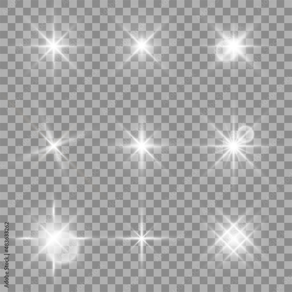 Glowing star light effect collection. Light effect of sparkling stars and bright flashes. White and silver sparkles and particles with glowing light. White flickers on transparent background. Vector Glowing star light effect collection. Light effect of sparkling stars and bright flashes. White and silver sparkles and particles with glowing light. White flickers on transparent background. Vector