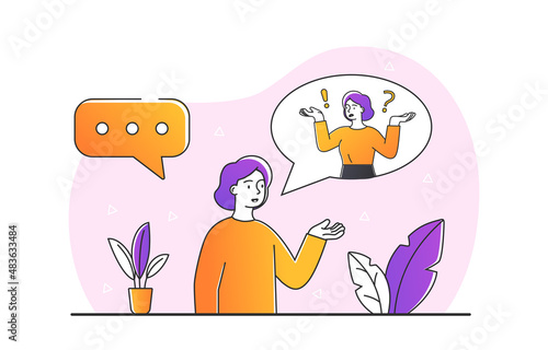 Internal voice concept. Girl communicates with herself, thought process and awareness. Psychology and selfdevelopment, attractive character. Problems, dialogue. Cartoon flat vector illustration