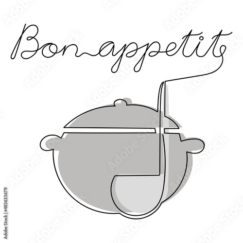 Continuous linear drawing inscription Bon appetit, pot and ladle .