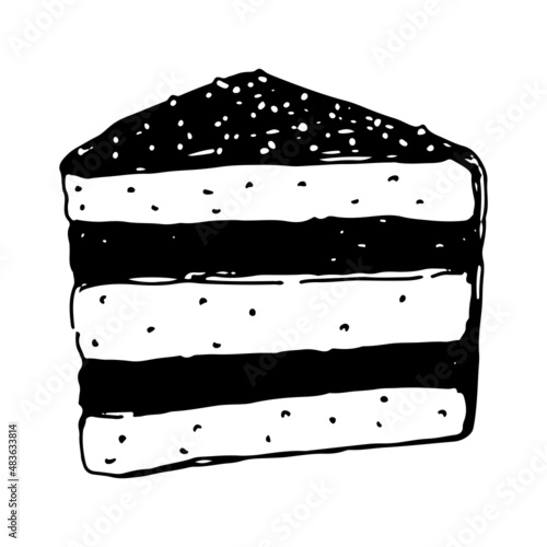 Piece of chocolate cake, dessert sketch. Hand drawn vector illustration in retro style. Single sweet food doodle. Outline clipart isolated on white background.