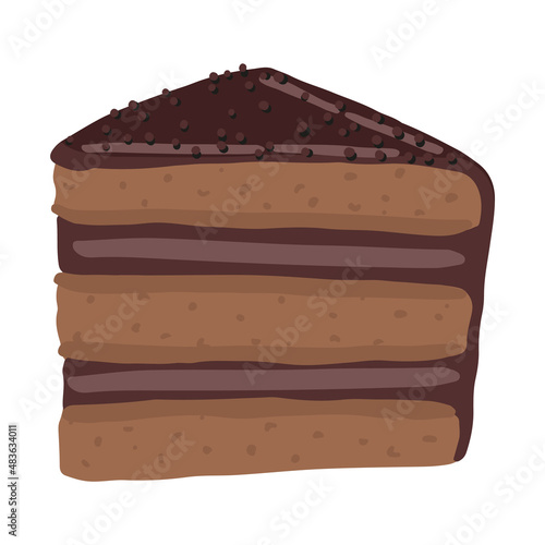 Piece of chocolate cake dessert. Hand drawn vector illustration in flat style. Single doodle of sweet food. Cartoon clipart isolated on white background.