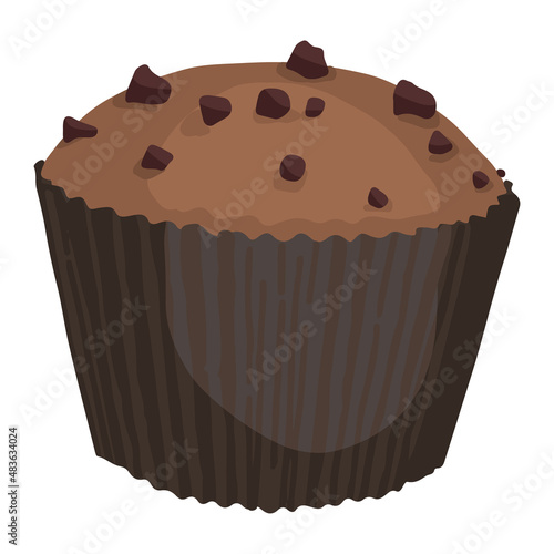 Chocolate chip cupcake dessert. Hand drawn vector illustration in flat style. Single doodle of sweet food. Cartoon clipart isolated on white background.