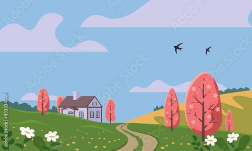 Spring landscape, countryside. A field, hills, flowering trees and a house. Color vector illustration, flat style.