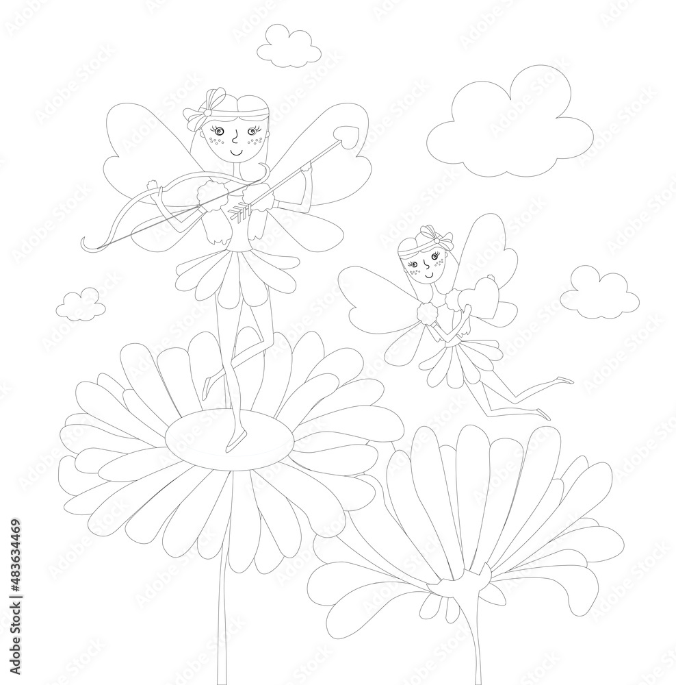 Magic flying fairies flower coloring book cartoons flat design stock vector illustration for web, for print Magic flying fairies flower coloring book cartoons flat design stock vector illustration for web, for print