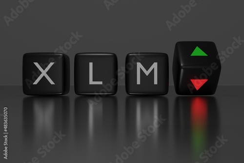 3d illustration of black dices with the word XLM on it, up and down arrows, conceptual image for crypto currency