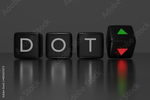 3d illustration of black dices with the word DOT on it, up and down arrows, conceptual image for crypto currency © tl6781