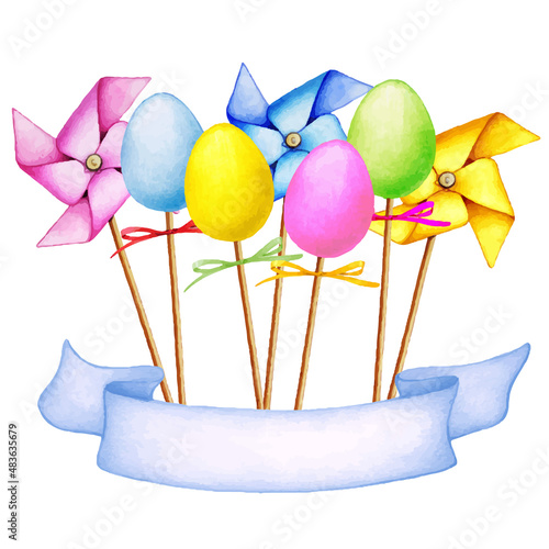 illustration of easter eggs and pinwheels