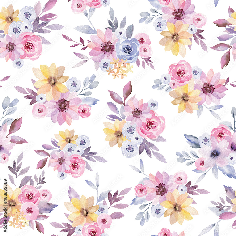Watercolor seamless pattern with pastel flowers and leaves. Spring wallpaper for children, textiles, wrapping paper or your other design