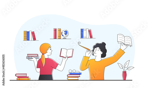 World book day. Education and selfdevelopment. Holiday for lovers of literature. Two girlfriends in library, young girls with books. Woman indoor, joyful people. Cartoon flat vector illustration