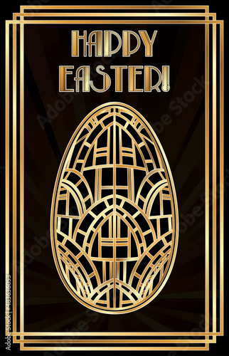Happy Easter art deco postcard with golden pattern, vector illustration	