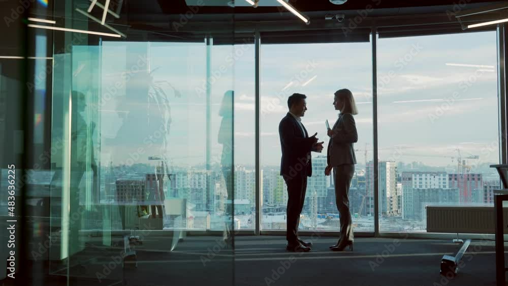 silhouette of meeting business partners in modern office room on standing near window background. Indoor. Asian man shakes hands with woman handshaking. Two businessmen talking negotiating discussion silhouette of meeting business partners in modern office room on standing near window background. Indoor. Asian man shakes hands with woman handshaking. Two businessmen talking negotiating discussion
