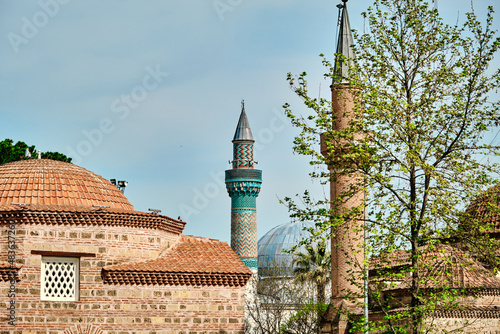 Canvas Print mosques in iznik, nicea bursa. Green mosques minaret background
