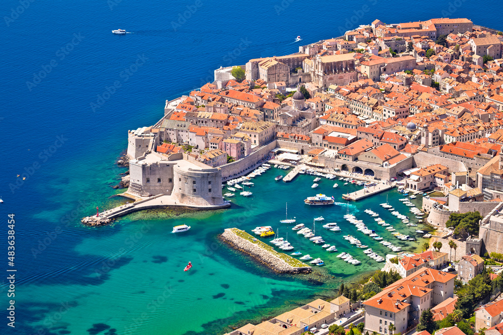 Dubrovnik. Aerial view of Dubrovnik historic harbor and defense walls