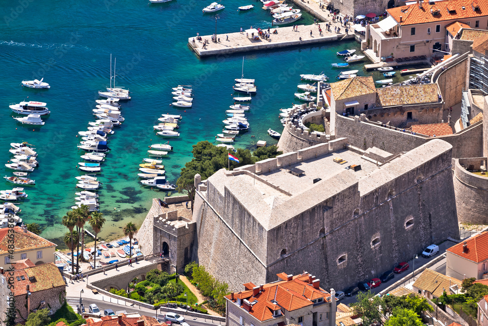 Historic Ploce gate and Revelin fortress in  Dubrovnik aerial view