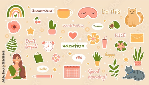 Diary stickers collection. Set of icons with products and plants. Healthy food and conky for grocery website. Social media and banner. Cartoon flat vector illustration isolated on yellow background