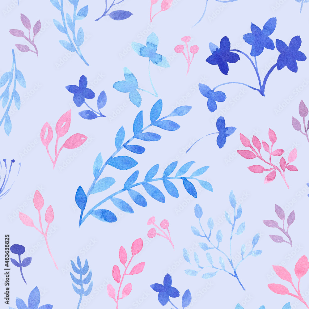 Watercolor seamless pattern with with pink and blue leaves and flowers. Hand painting floral background. Modern leaves design for fabric, wallpaper, surface, cards and templates. Nature background Watercolor seamless pattern with with pink and blue leaves and flowers. Hand painting floral background. Modern leaves design for fabric, wallpaper, surface, cards and templates. Nature background