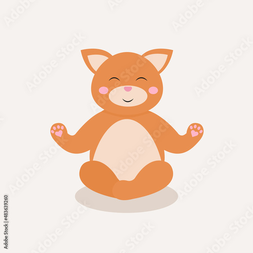 Red cat in lotus position. Vector illustration in cartoon style.