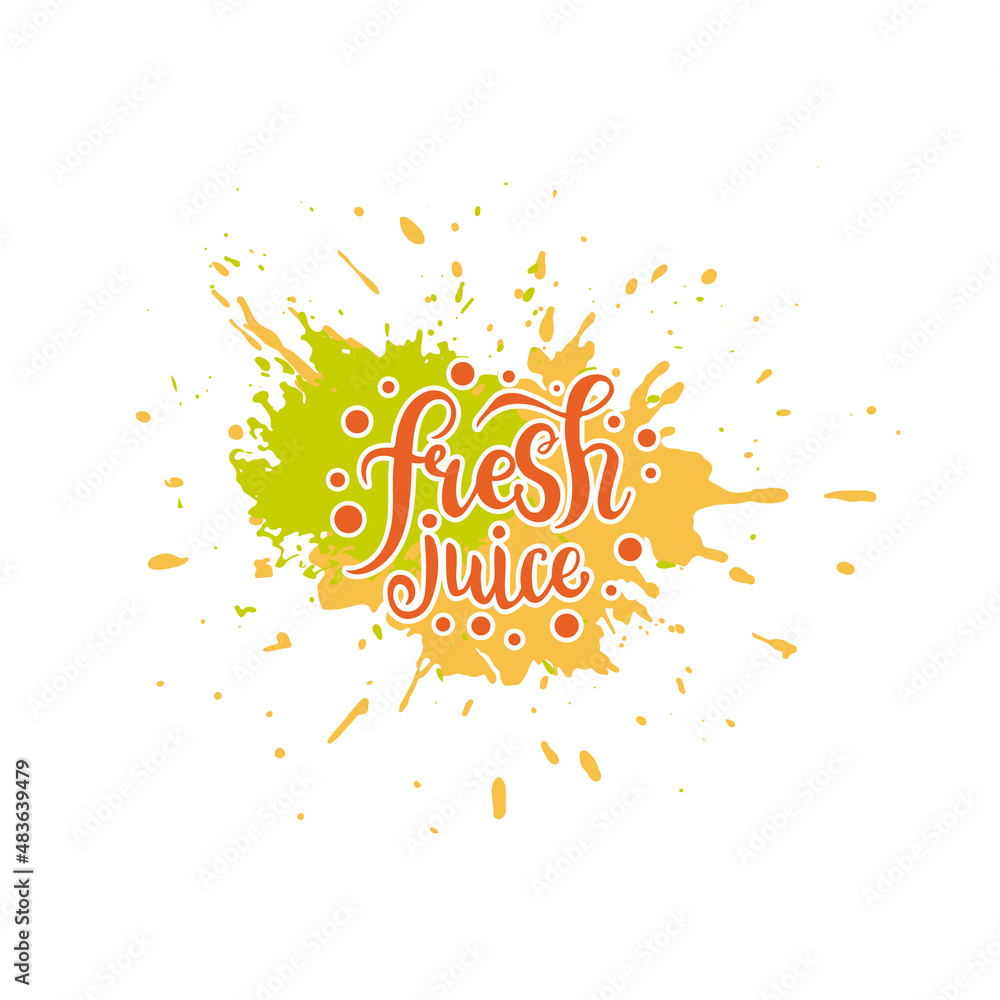 Juice splash poster and lettering Fresh juice. Vector illustration on a white background Juice splash poster and lettering Fresh juice. Vector illustration on a white background