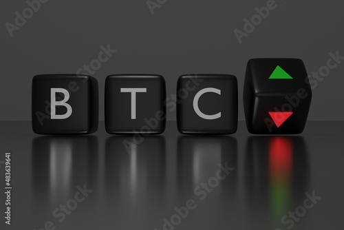 3d illustration of black dices with the word BTC on it, up and down arrows, conceptual image for crypto currency