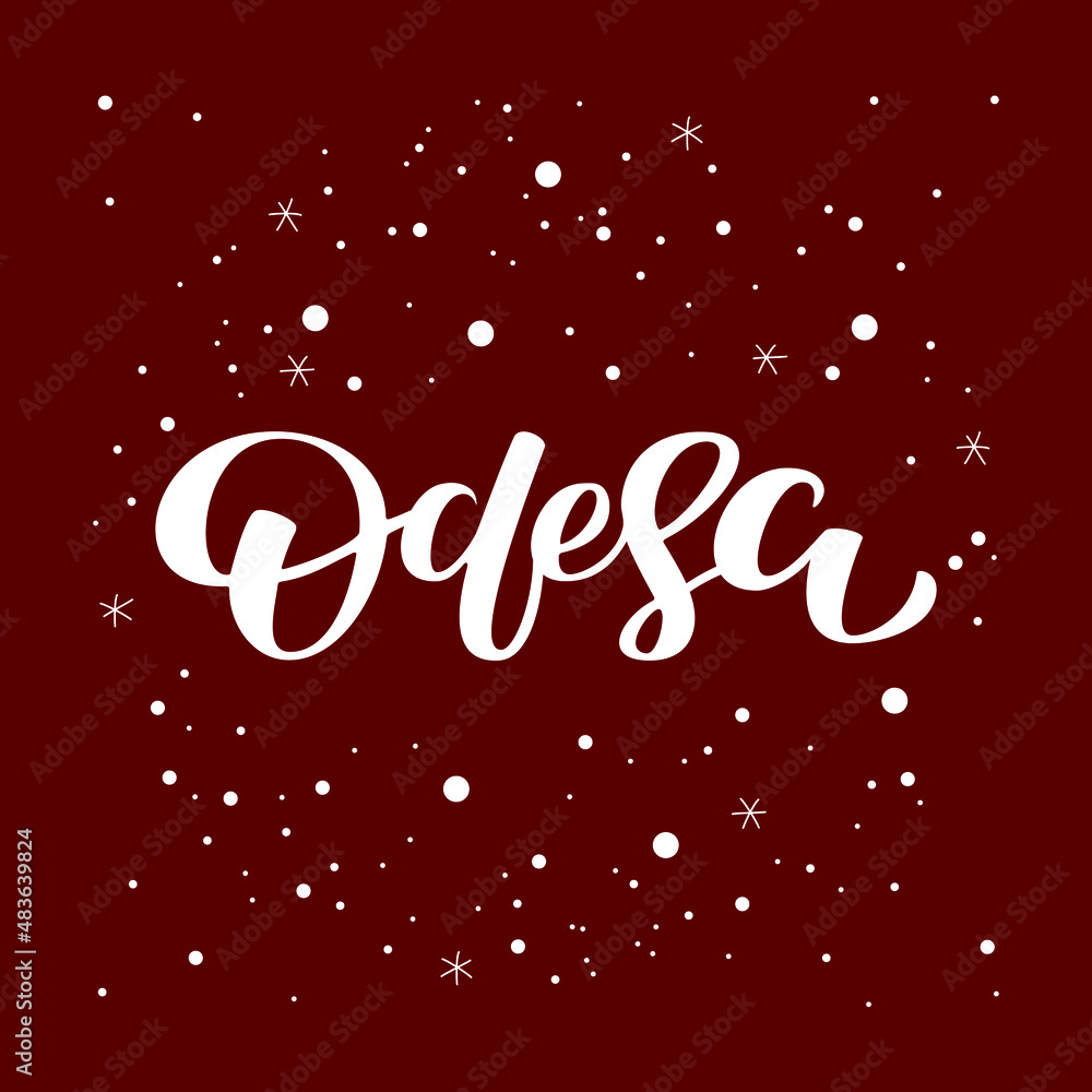 Lettering illustration Odesa on red winter background