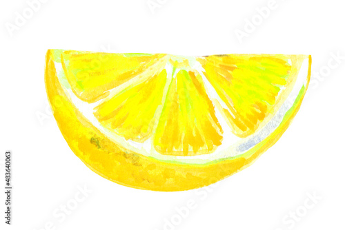 Watercolor illustration: triangular slice of lemon, citrus, isolated object, drawing from nature.