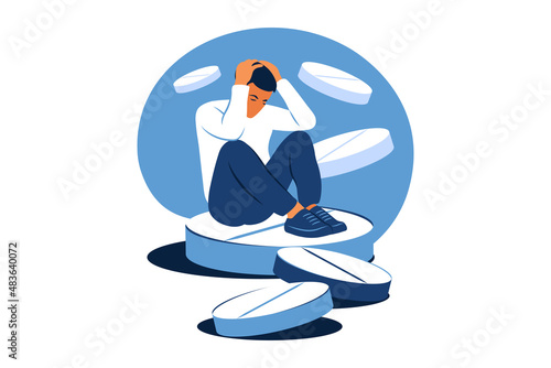 Concept of medication treating illness or disorder. Concept of antidepressants. Depressed man is sitting on big pill. Medicine. Flat. Vector illustration.