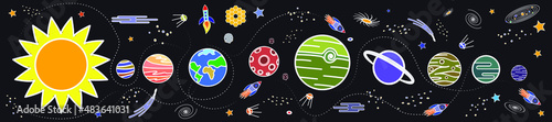 Solar system, outer space, galaxy, space. The planets are in a row. Rockets, satellites and telescope. Stylized banner.