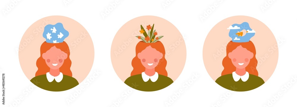 Obraz premium Mental health set. Several types of optimists. Girl in good health, creative personality and inner balance. Psychology collection. Cartoon flat vector illustrations isolated on white background