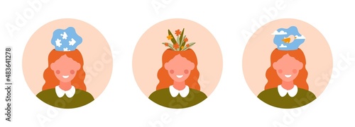 Mental health set. Several types of optimists. Girl in good health, creative personality and inner balance. Psychology collection. Cartoon flat vector illustrations isolated on white background
