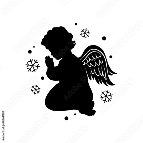Praying Angel child, black silhouette. Christmas angel in profile with his hands folded in prayer. Vector illustration on a white background.