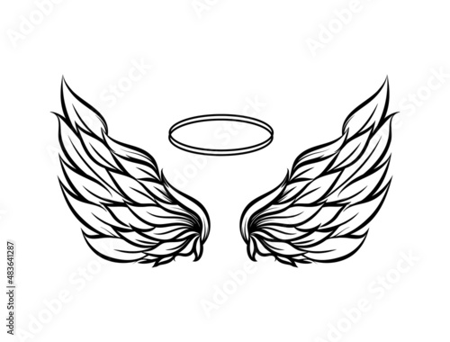 Flying wings and halo. Valentine's Day angel wings. Vector illustration on a white background. Design for print and web