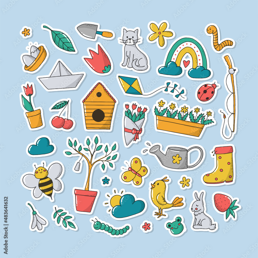 set of hand drawn spring stickers and doodles with white edge isolated on blue background. Good for prints, scrapbooking, planners, clipart, kids apparel decor, nursery, etc. EPS 10 set of hand drawn spring stickers and doodles with white edge isolated on blue background. Good for prints, scrapbooking, planners, clipart, kids apparel decor, nursery, etc. EPS 10