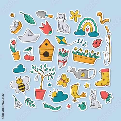 set of hand drawn spring stickers and doodles with white edge  isolated on blue background. Good for prints, scrapbooking, planners, clipart, kids apparel decor, nursery, etc. EPS 10