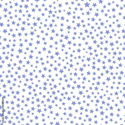 All over seamless repeat pattern with ditsy tiny little periwinkle purple very peri stars on a white background