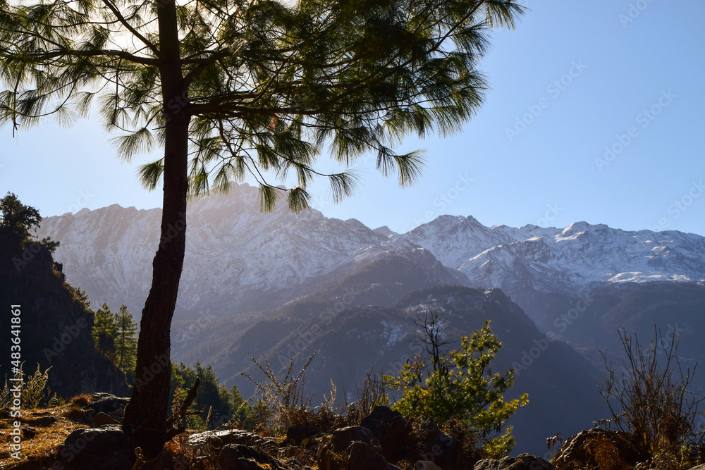Obraz premium Himalaya mountains in Nepal. Tamang Heritage Trail and Langtang trek day 6 from Khangjim to Rimche