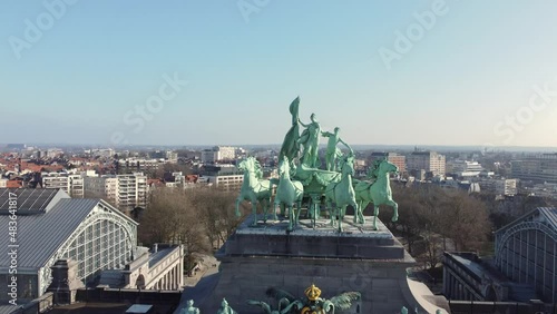 Drone view of The Triumphal arch (Arc de Triomphe) statues at Cinquantenaire park (Jubelpark) in Brussels. A monument for the 50th anniversary of the independenc