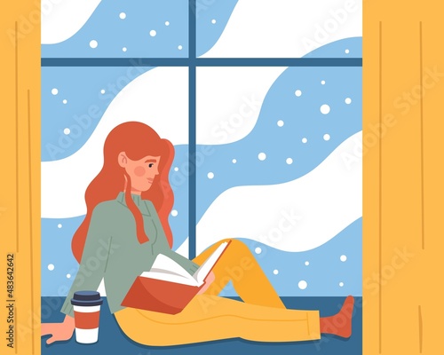 Woman sitting on windowsill. Girl reads book sitting on window in winter snowfall. Character with hot mug of coffee or tea. Comfortable rest and useful hobbies. Cartoon flat vector illustration