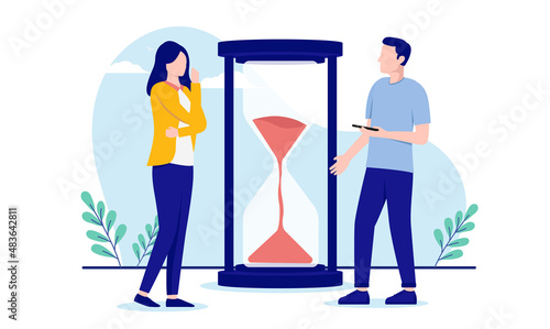 Working against deadline - Two people, man and woman running out of time in front of hourglass. Flat design vector illustration with white background