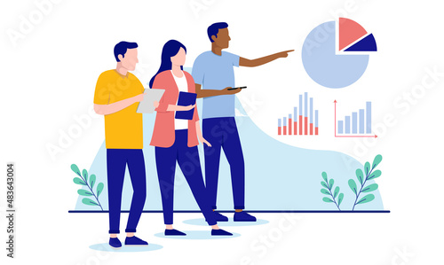 Charts and data discussion - Working people analysing pie chart and graphs, flat design vector illustration with white background © Knut