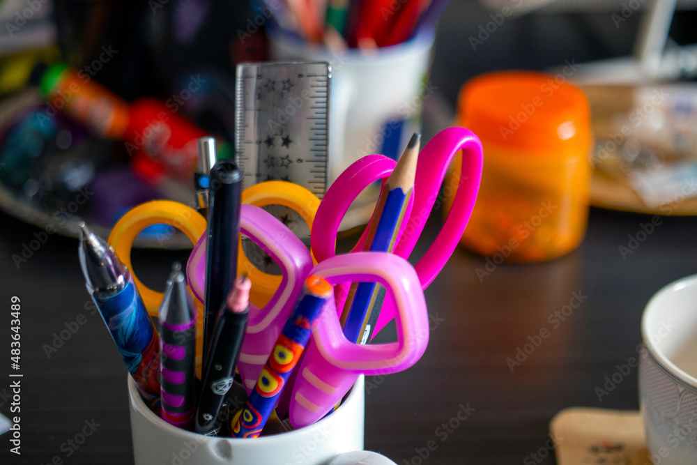 Obraz premium various stationery items, desk.
