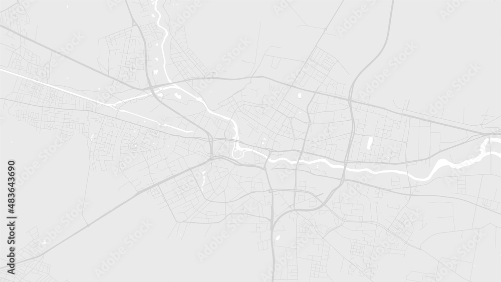 White and light grey Bydgoszcz city area vector background map, roads and water illustration. Widescreen proportion, digital flat design.