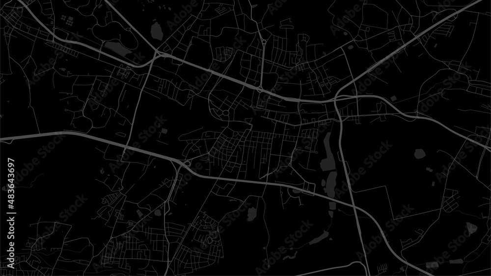 Dark black Katowice city area vector background map, roads and water illustration. Widescreen proportion, digital flat design.