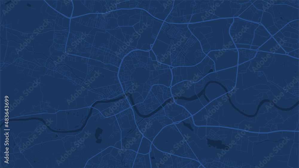 Dark blue Kraków city area vector background map, roads and water illustration. Widescreen proportion, digital flat design. - obrazy, fototapety, plakaty 