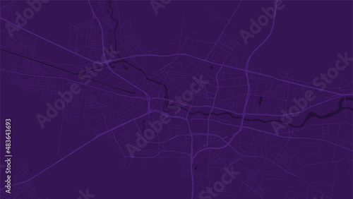 Purple Bydgoszcz city area vector background map, roads and water illustration. Widescreen proportion, digital flat design.