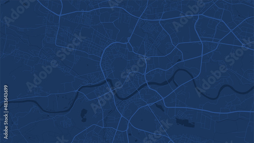 Dark blue Kraków city area vector background map, roads and water illustration. Widescreen proportion, digital flat design.