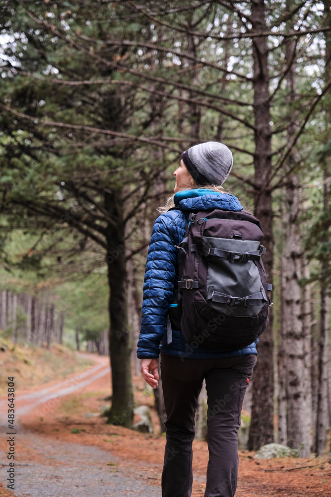 Hiker walking along a path in the forest. Hiker walking along a path in the forest.