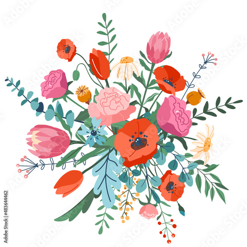 Flower bouquet vector illustration. Top view. Spring floral elements