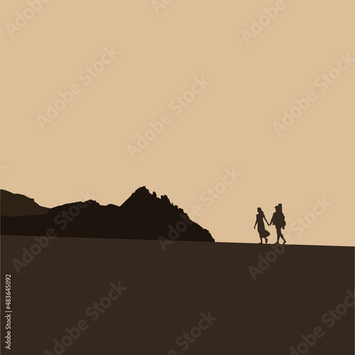 Vector picture for Valentine s Day. A couple in love walks by the hand. Silhouette of a couple walking in the mountains